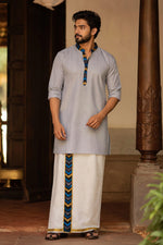 Grey Premium Designer Kurta + Golden Kasavu Double Cotton Dhoti