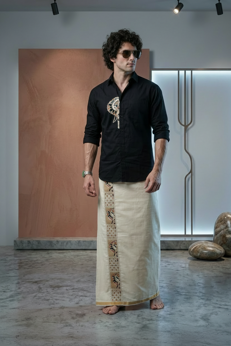 Black Elephant Embroidery Half Patch Shirt - Double Golden kasavu Dhotie Combo