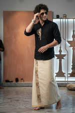 Black Elephant Embroidery Half Patch Shirt - Double Golden kasavu Dhotie Combo