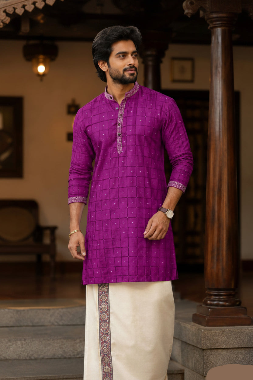 SOFT LINEN FESTIVE SPECIAL LUXURY KURTA + DESIGNER COTTON KASAVU DHOTI COMBO – Purple