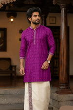 SOFT LINEN FESTIVE SPECIAL LUXURY KURTA + DESIGNER COTTON KASAVU DHOTI COMBO – Purple