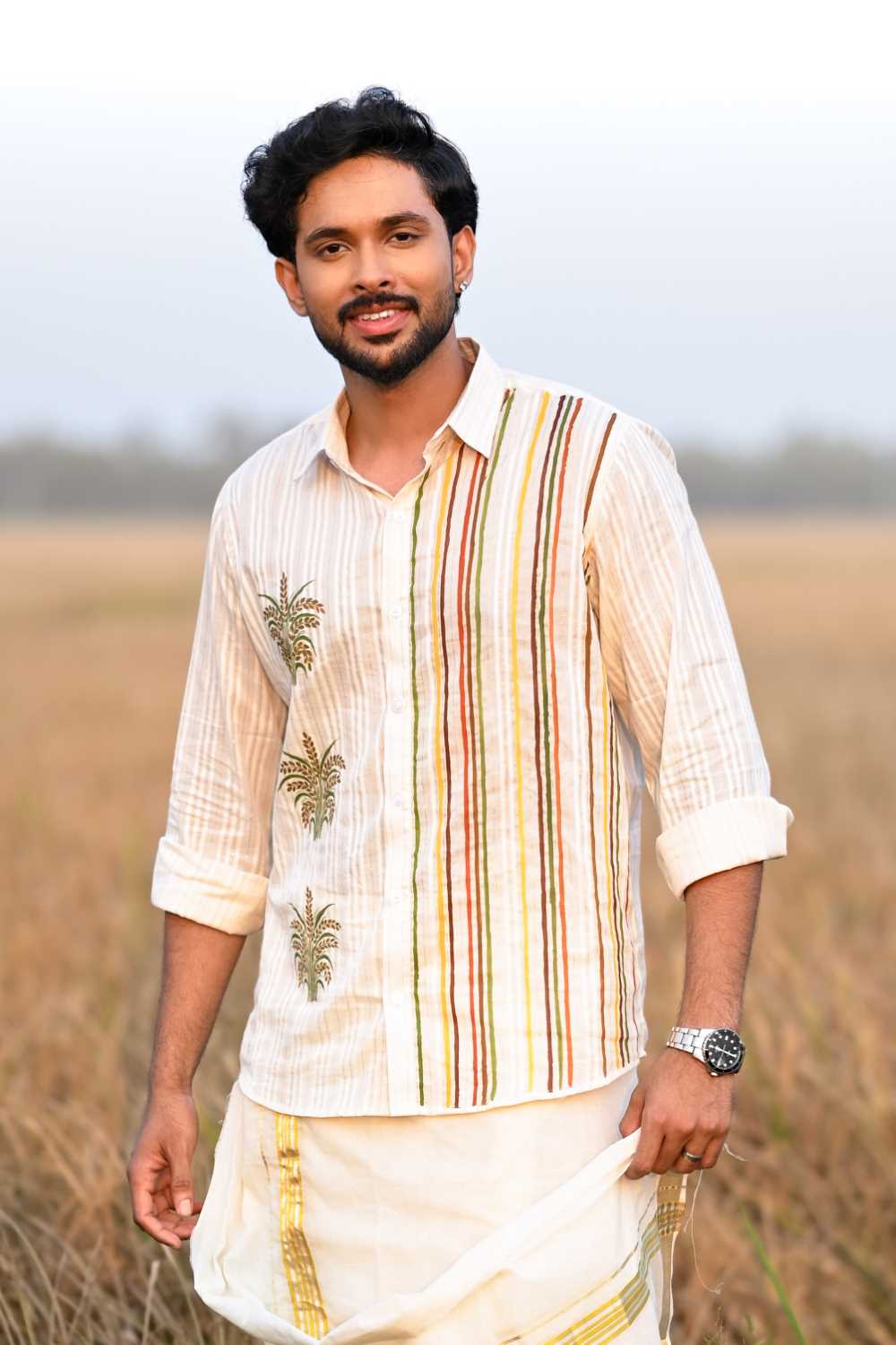 Offwhite Lurex Shirt with Nelkathir & Stripes Hand Painted