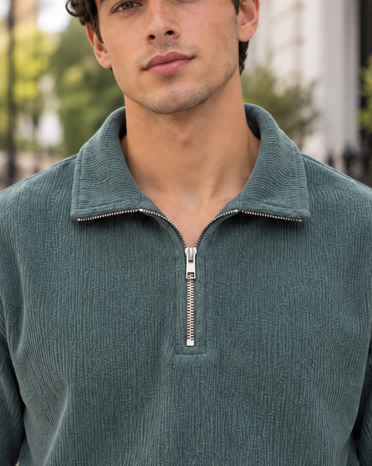 Corduroy Quarter-Zip Sweatshirt – Muted Teal