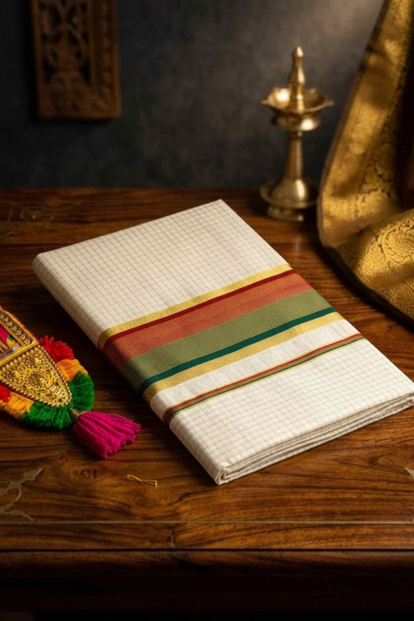 SMALL ARANI CHECKS COTTON KASAVU SAREE WITH TWO COLOR KARA - MAROON AND GREEN