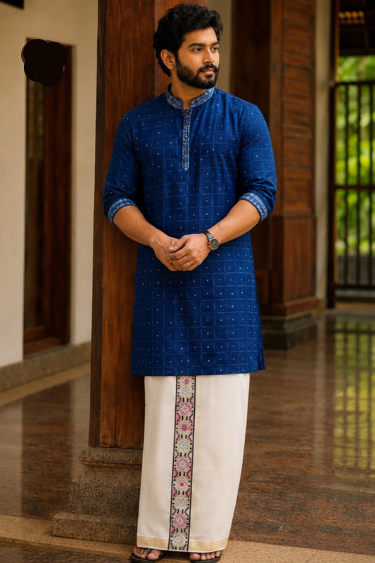 SOFT LINEN FESTIVE SPECIAL LUXURY KURTA + DESIGNER COTTON KASAVU DHOTI COMBO – Dark blue