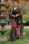 Black Mulcotton Scallope Saree with Multi Patch Pleats