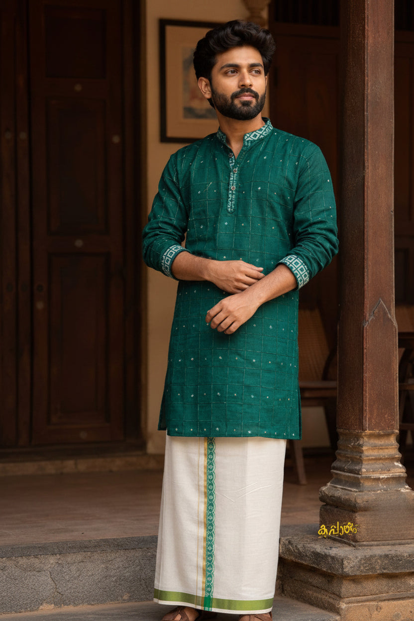 SOFT LINEN FESTIVE SPECIAL LUXURY KURTA + DESIGNER COTTON KASAVU DHOTI COMBO – Dark Green