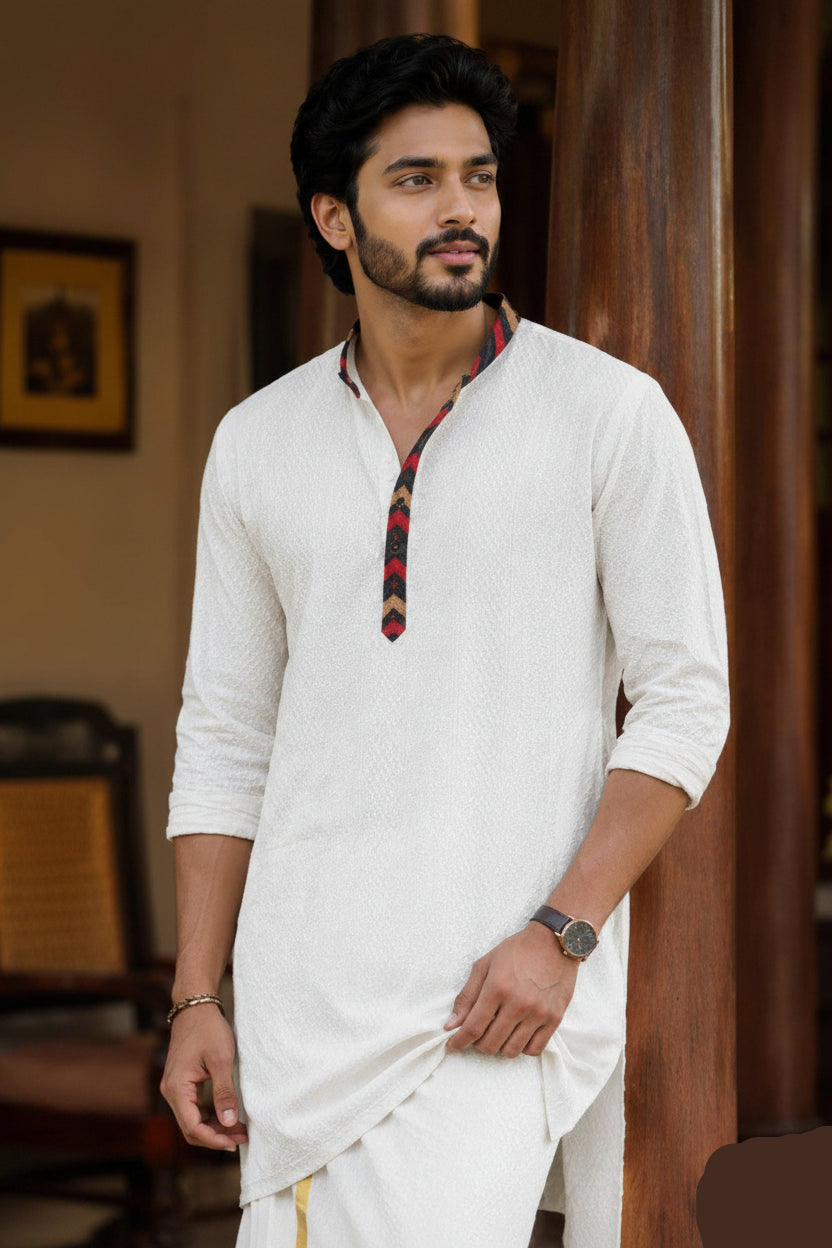 White Premium Designer Kurta + Golden Kasavu Double Cotton Dhoti
