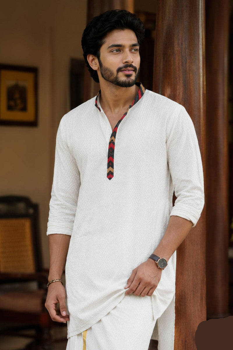 White Premium Designer Kurta + Golden Kasavu Double Cotton Dhoti
