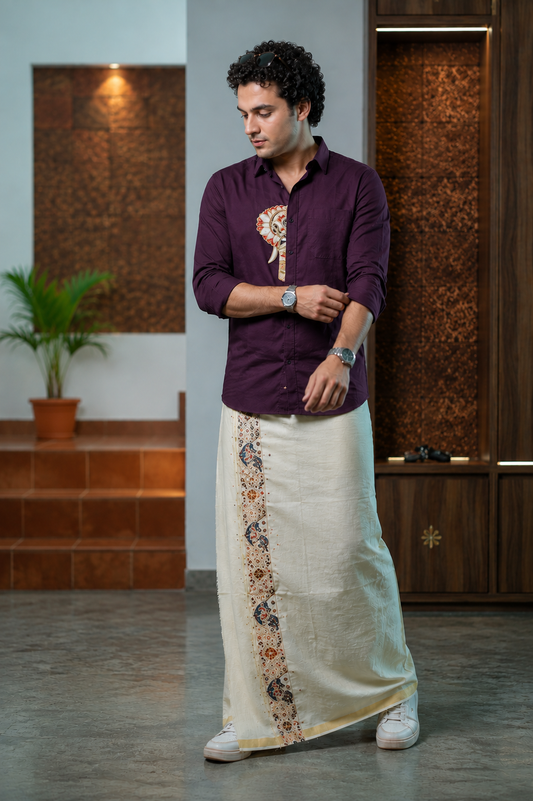 Elephant Embroidery Half Patch Shirt Grape Purple - Double Golden kasavu dothi combo