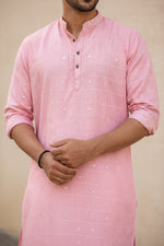 SOFT LINEN FESTIVE SPECIAL LUXURY KURTA + DESIGNER COTTON KASAVU DHOTI COMBO - LIGHT PINK