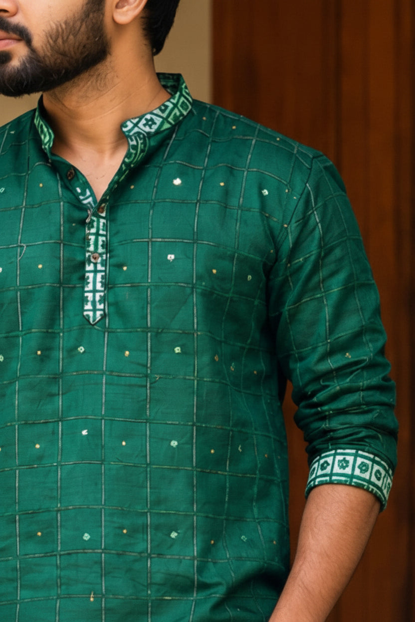 SOFT LINEN FESTIVE SPECIAL LUXURY KURTA + DESIGNER COTTON KASAVU DHOTI COMBO – Dark Green