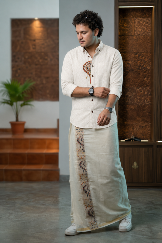 Elephant Embroidery Half Patch Shirt White - Double Golden kasavu Dhotie Combo