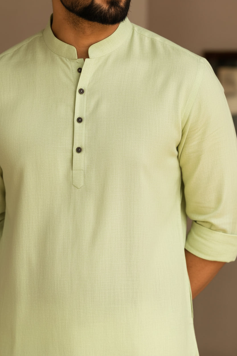 SOFT LINEN FESTIVE SPECIAL LUXURY KURTA + DESIGNER COTTON KASAVU DHOTI COMBO - PISTA GREEN