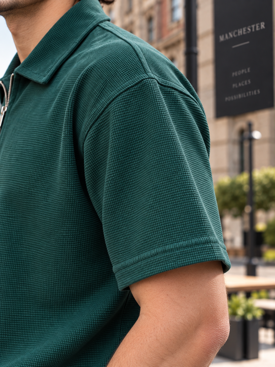 Textured Quarter-Zip Polo T-Shirt – Bottle Green