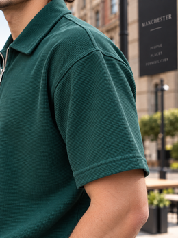 Textured Quarter-Zip Polo T-Shirt – Bottle Green
