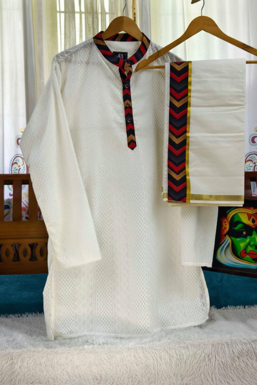 White Premium Designer Kurta + Golden Kasavu Double Cotton Dhoti