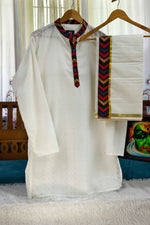 White Premium Designer Kurta + Golden Kasavu Double Cotton Dhoti
