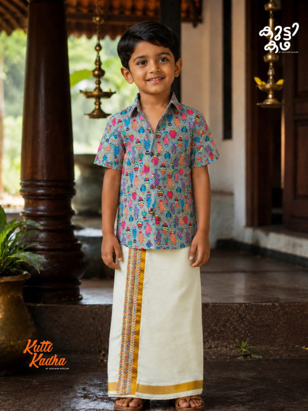 Premium Linen Cotton Shirt Digital printed + Dhoti Combo For Kids RWL003