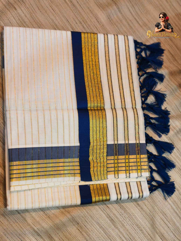 COTTON STRIPED KERALA SAREE WITH TASSELS SINGLE COLOR KARA - NAVY BLUE AND GOLD