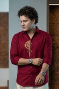 Elephant Embroidery Half Patch Shirt Red