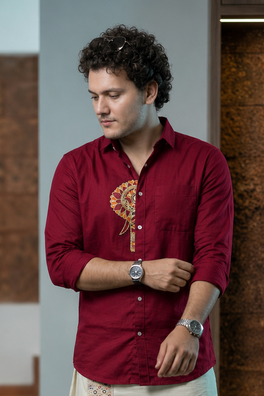 Elephant Embroidery Half Patch Shirt Red