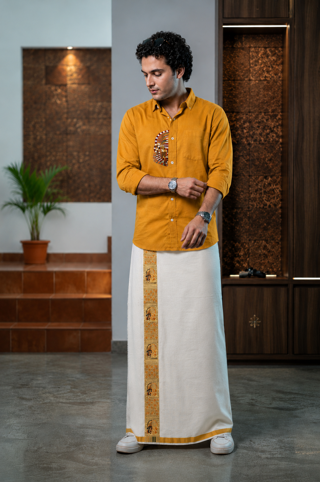 Elephant Embroidery Half Patch Shirt Yellow - Double Golden kasavu dothi combo