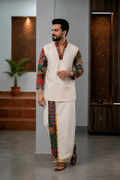 WHITE PREMIUM DESIGNER KURTA + GOLDEN KASAVU DOUBLE COTTON DHOTI COMBO