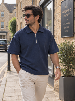 Textured Quarter-Zip Polo T-Shirt – Navy