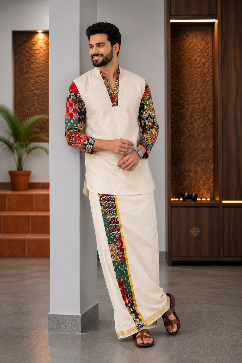 WHITE PREMIUM DESIGNER KURTA + GOLDEN KASAVU DOUBLE COTTON DHOTI COMBO