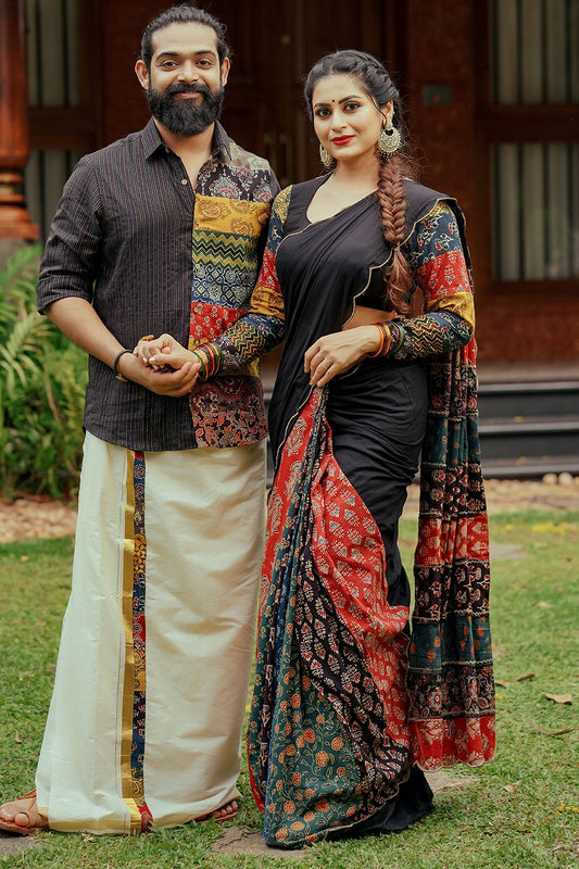 Black Mulcotton Scallope Saree with Multi Patch Pleats