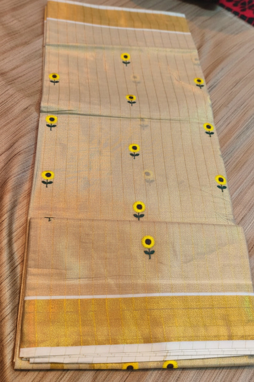 EMBROIDERED SMALL FLOWER WITH BODY STRIPES TISSUE SAREE STRIPED COTTON KERALA KASAVU SAREE