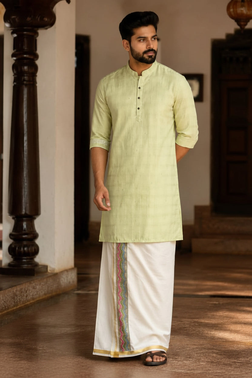 SOFT LINEN FESTIVE SPECIAL LUXURY KURTA + DESIGNER COTTON KASAVU DHOTI COMBO - PISTA GREEN