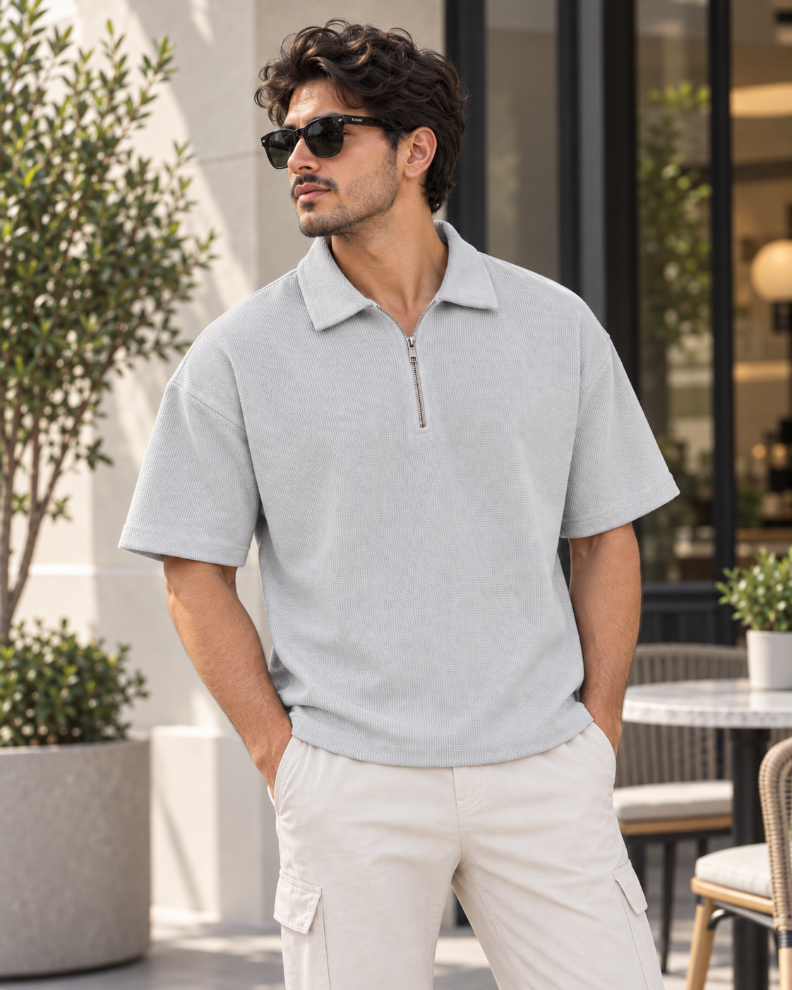 Textured Quarter-Zip Polo T-Shirt – Light Grey