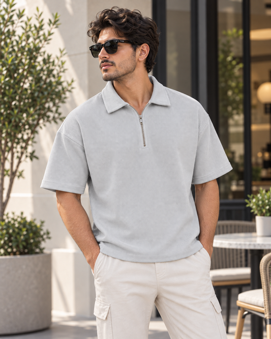 Textured Quarter-Zip Polo T-Shirt – Light Grey