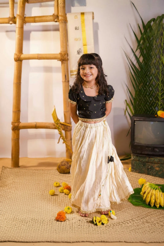 Black Silk Top and Ivory Lurex Skirt