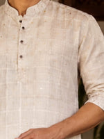 SOFT LINEN FESTIVE SPECIAL LUXURY KURTA + DESIGNER COTTON KASAVU DHOTI COMBO – IVORY