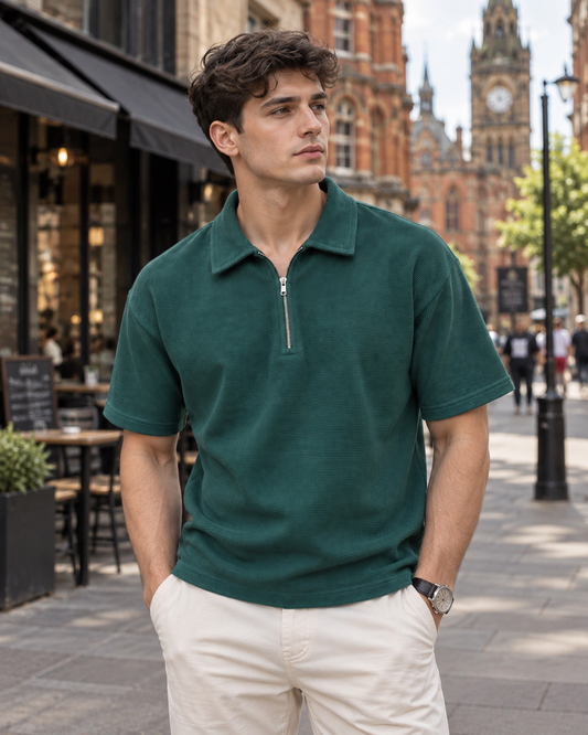 Textured Quarter-Zip Polo T-Shirt – Bottle Green