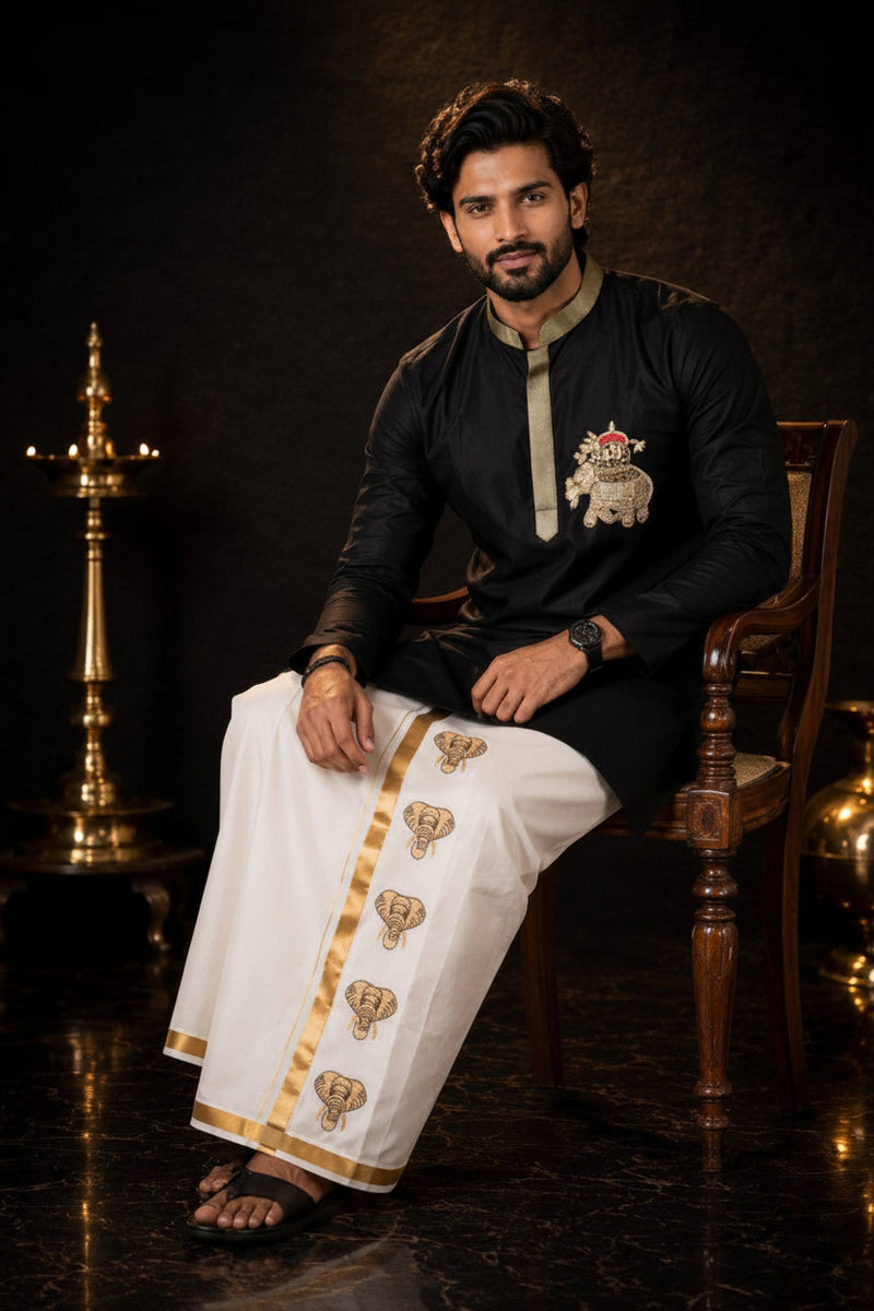 ELEPHANT EMBROIDERY BLACK KURTA