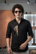 Black Elephant Embroidery Half Patch Shirt - Double Golden kasavu Dhotie Combo