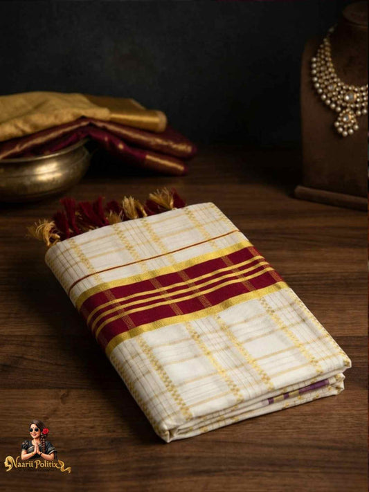 CHECKED COTTON KASAVU SAREE - MAROON AND GOLD