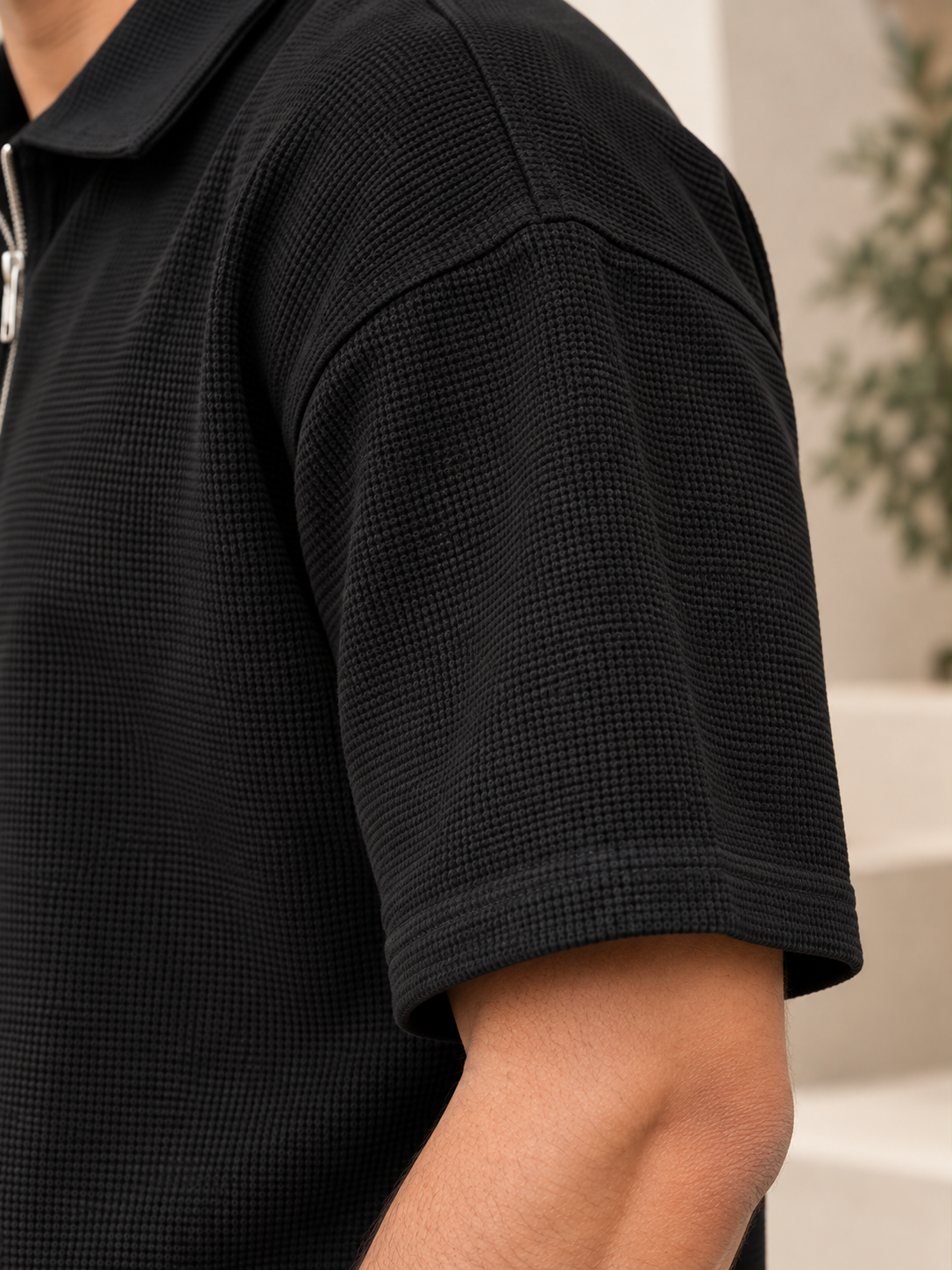 Textured Quarter-Zip Polo T-Shirt - Black