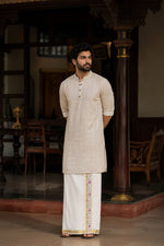 SOFT LINEN FESTIVE SPECIAL LUXURY KURTA + DESIGNER COTTON KASAVU DHOTI COMBO – IVORY