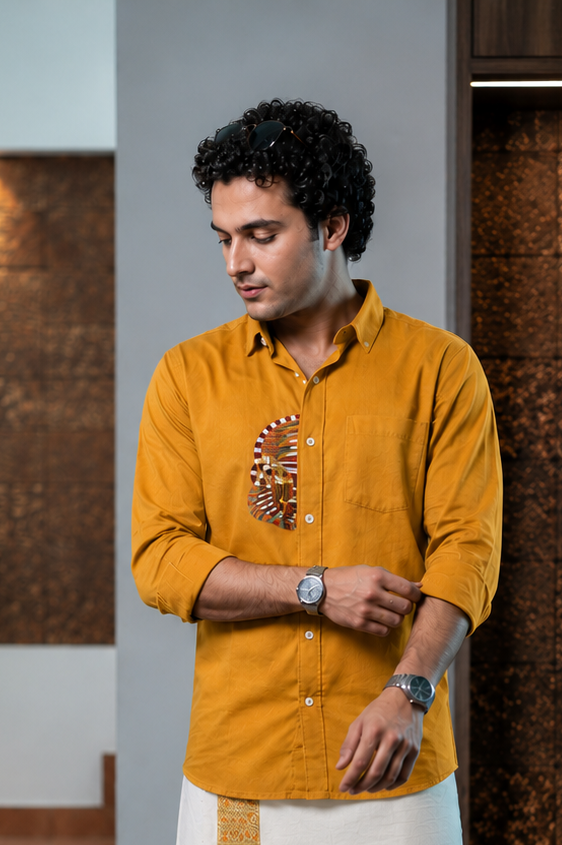 Elephant Embroidery Half Patch Shirt Yellow - Double Golden kasavu dothi combo