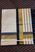 COTTON STRIPED KERALA SAREE WITH TASSELS SINGLE COLOR KARA - NAVY BLUE AND GOLD