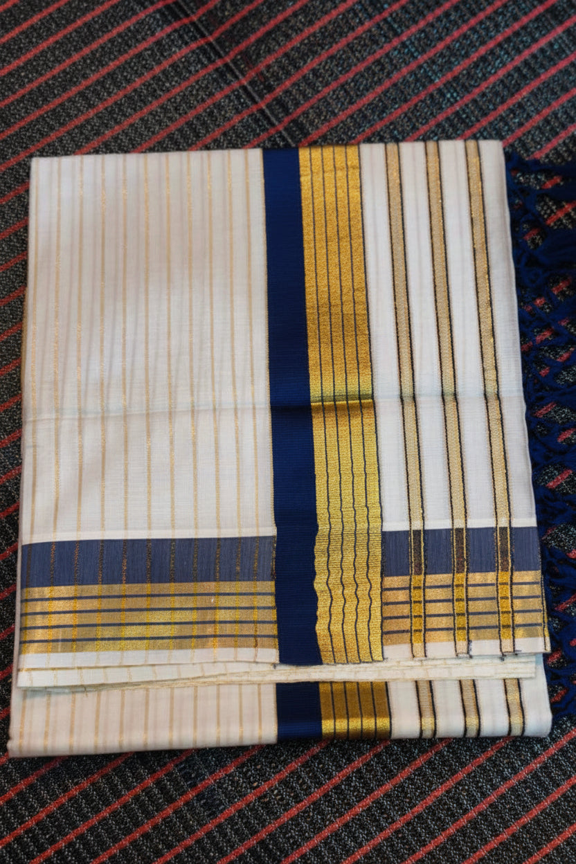 COTTON STRIPED KERALA SAREE WITH TASSELS SINGLE COLOR KARA - NAVY BLUE AND GOLD