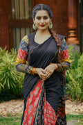 Black Mulcotton Scallope Saree with Multi Patch Pleats