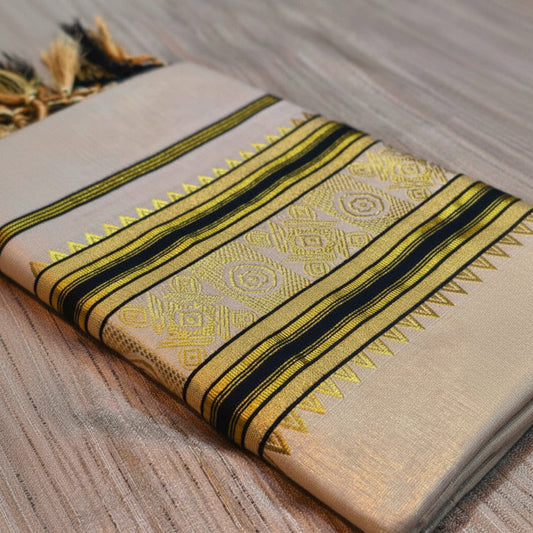 TEMPLE MOTIFS KERALA TISSUE KASAVU SAREE BLACK AND GOLD