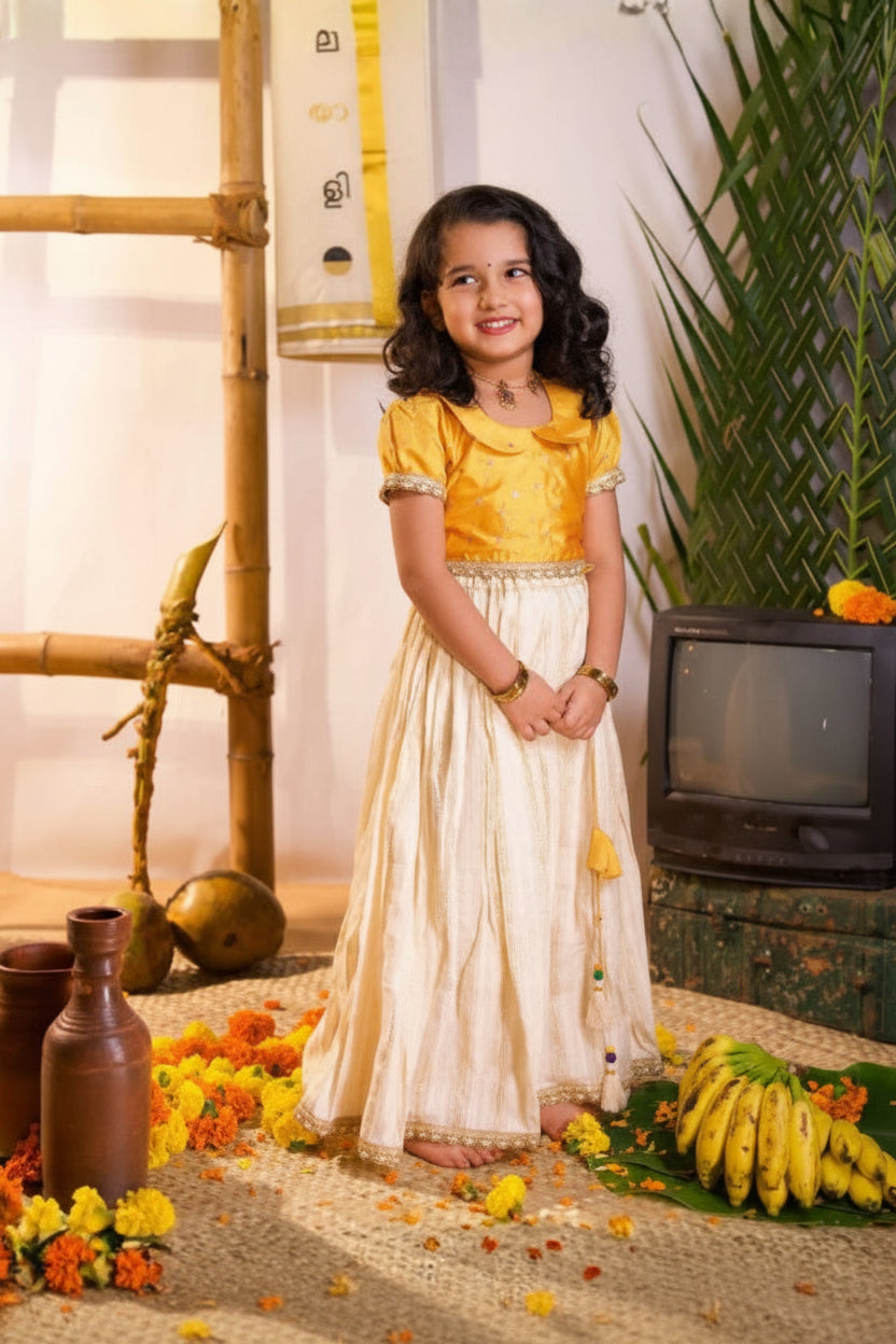 Yellow Silk Top and Ivory Lurex Skirt