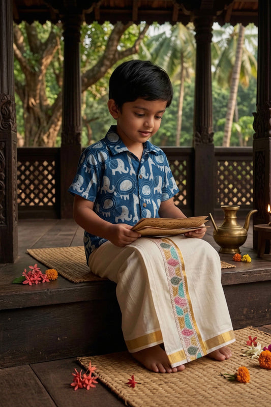 Hand Block Cotton Printed Shirt + Dhoti Combo For Kids